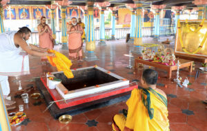 Poornahuti of Homa as part of Yantra Prathishta at Sringeri